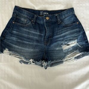 No Boundaries Women's High Rise Distressed Denim Shorts - Dark Blue